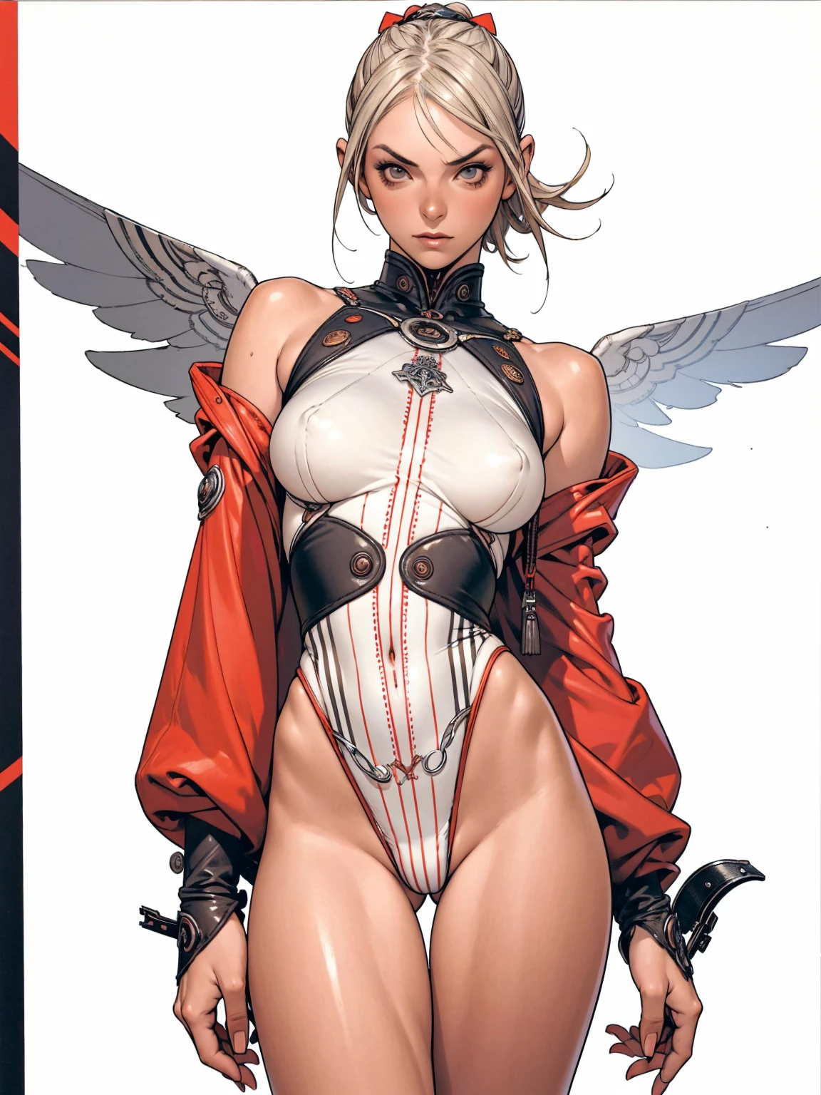 (((Annie Lennox))), ((( red and white wide striped short shorts))), (((wide horizontal stripes))), ((high collar)), (((dark red))), (((best qualityer: 1.4))), (Unbeatable masterpiece), (hiper HD),(CG 8k hyper-realistic), (((brave face))), (((breasts big))), (((hyper feminine))), sexly girl,(long hair with short straight bangs)), ((( sculptural body ))), (((1 girl))), garota cibernética de 25 anos com perfectbody,,Beautiful and well-groomed face,muscular body:1.2,solid color detailed jacket, (Head to thigh photos), Complex equipment,Long pants, With white stars and off-white stripes, exposed shoulder, (((standing alone))), pirralha violent, (((fly away))), sexly, pose de atitude, work of art, post-apocalypse, (((manga style))), bounty hunter, violent, Manic, the way you want, slenderbody, thin but strong, perfectbody, roupa moderna, advanced technology, neon, sleeves with vertical striped pattern, neutral background, (( cowboy shot )). intricate visual