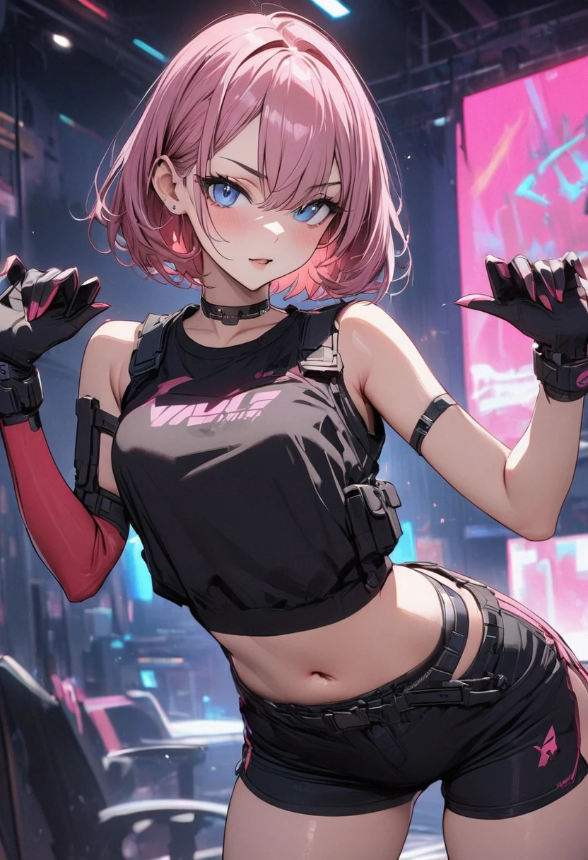 Posing for a photo young girl pink hair short hair blue eyes cyberpunk black vest shorts high quality masterpiece red wolf
