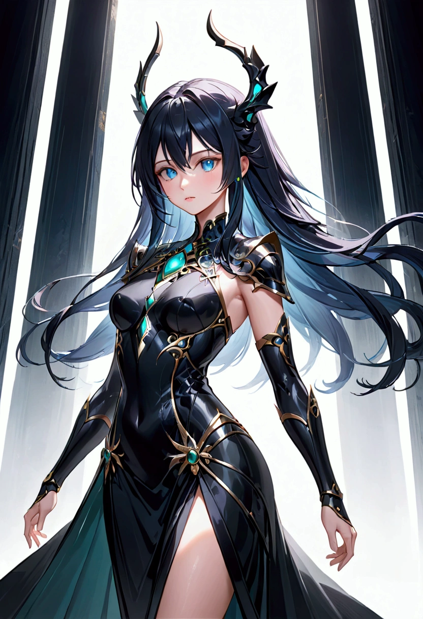 Girl with onyx hair, onyx eyes,tall rectangular body figure, mature, elagant dress made for warrior
