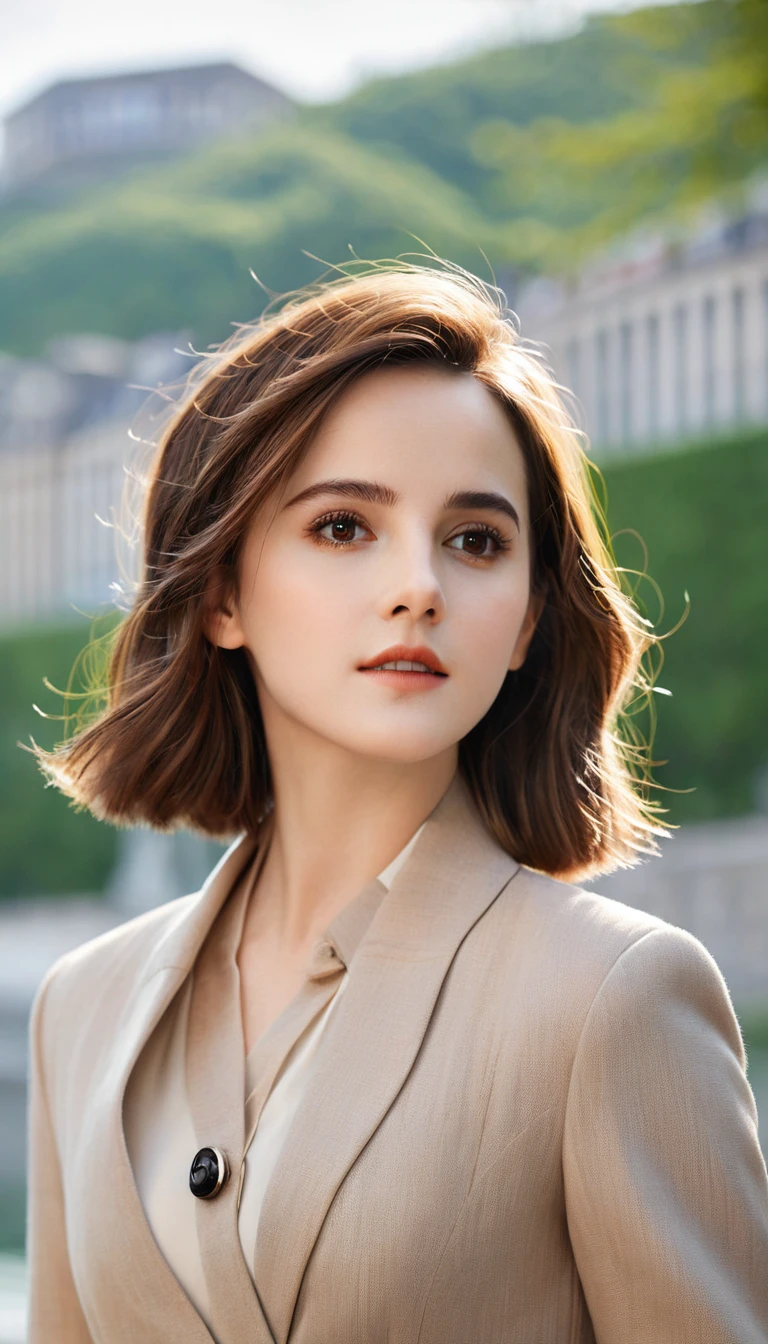 Create an image of a beautiful AI woman with features reminiscent of Emma Watson. She has expressive brown eyes, a delicate face with elegant and natural beauty. Her hair is a rich chestnut brown, styled in soft waves that frame her face. She is dressed in a stylish and sophisticated outfit, suitable for a modern fashion icon. The background should blend urban chic and nature, reflecting a balance between city life and serene landscapes