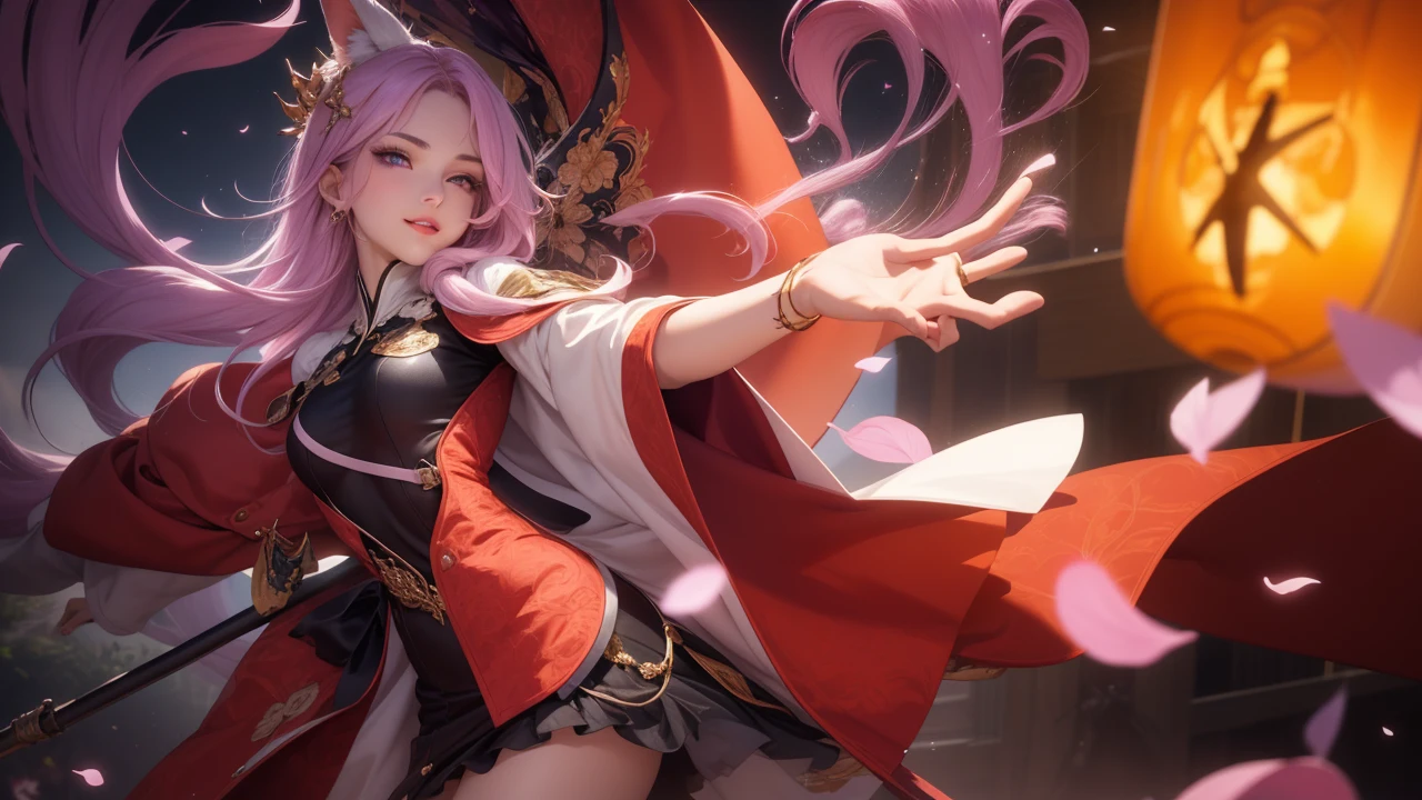 (masterpiece, best quality), intricate details, thin, ((slim)), beautiful girl, Light pink hair, white skin, light purple eyes, sharp jawline, cropped jacket, messy hair, lips, upper body, smirk