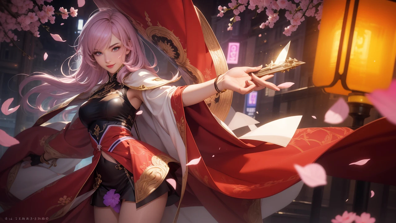 (masterpiece, best quality), intricate details, thin, ((slim)), beautiful girl, Light pink hair, white skin, light purple eyes, sharp jawline, cropped jacket, messy hair, lips, upper body, smirk