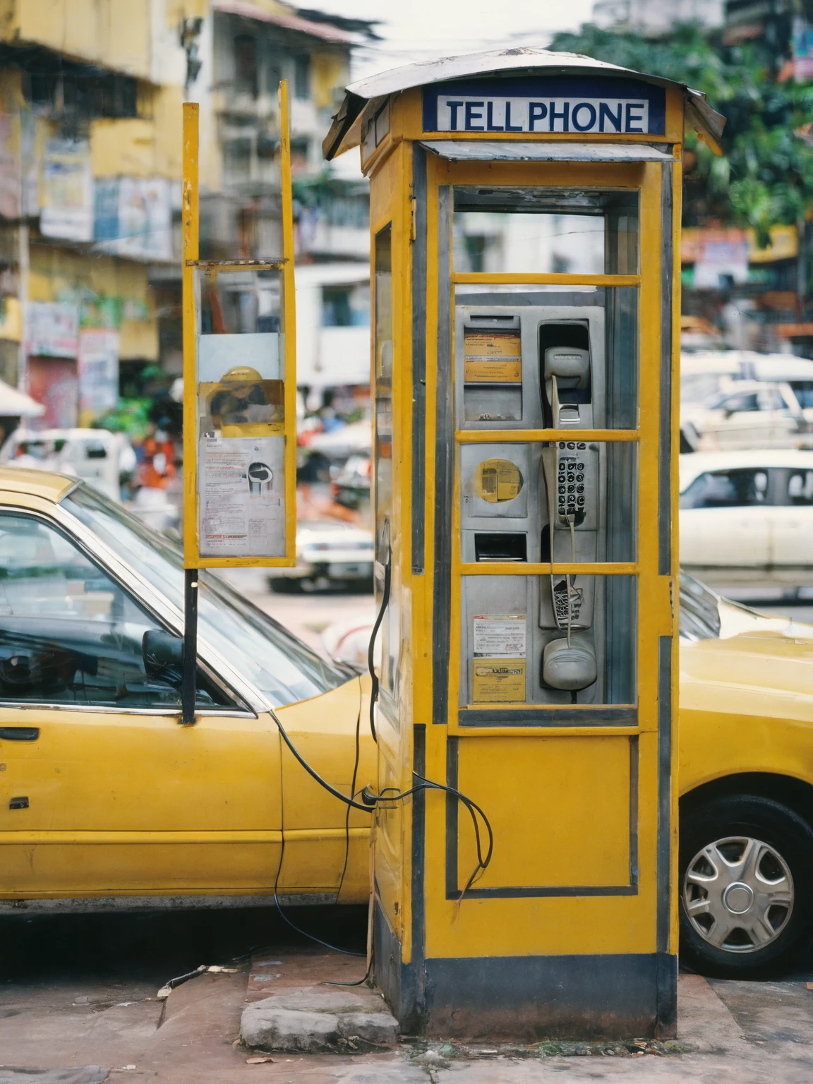 public phone booth during 1995 era in malaysia, yellow color. 