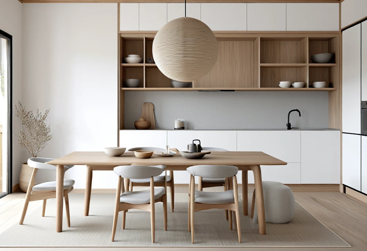 photo of Japandi interior style.
Combining Scandinavian and Japanese styles, minimalism, sophistication, using natural materials.
Color: Neutral tones, white, gray, wood color. UHD, 8K, super highly detailed, Ultra super HD, Ultra sharpen image