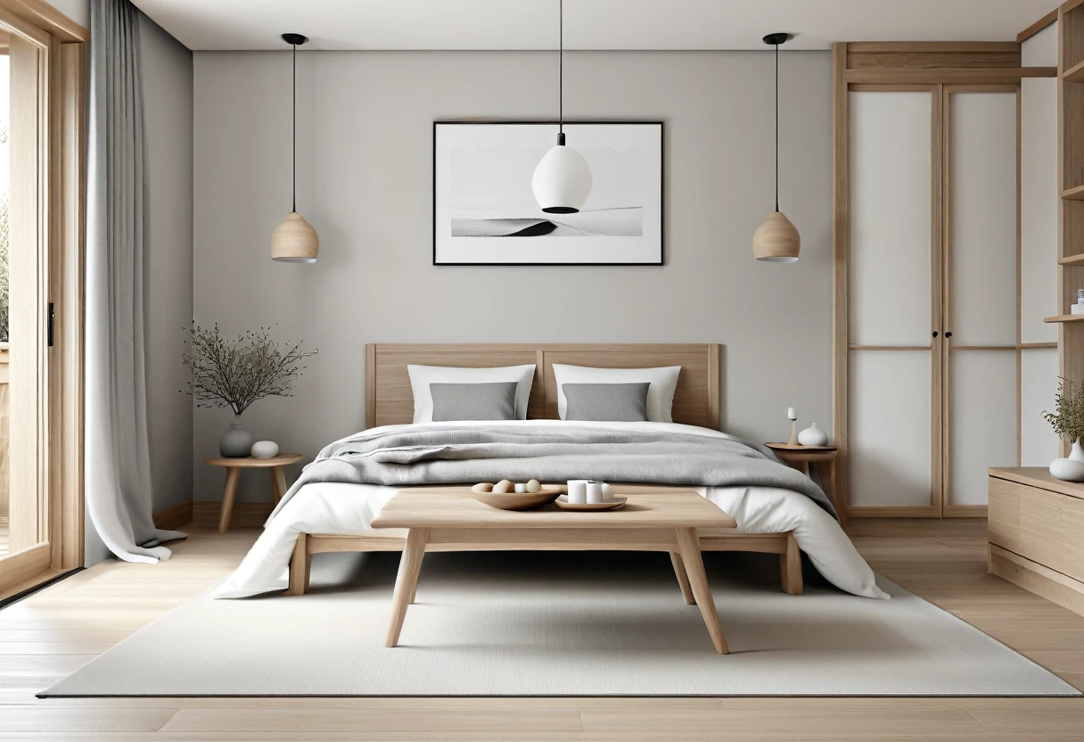 photo of Japandi interior style.
Combining Scandinavian and Japanese styles, minimalism, sophistication, using natural materials.
Color: Neutral tones, white, gray, wood color. UHD, 8K, super highly detailed, Ultra super HD, Ultra sharpen image