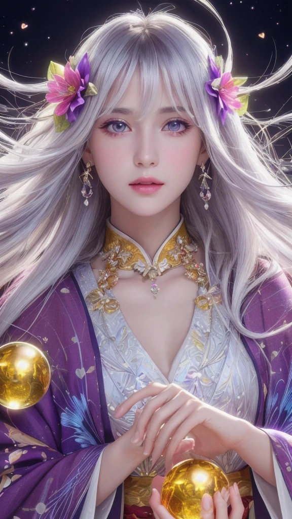 (masterpiece:1.3), (8k, photorealistic, raw photo, highest quality:1.4), (one girl), beautiful face, (realistic face), (long hair), (silver hair, near white hair, shiny hair, beautiful straight hair), (even bangs), (sharp bangs), straight hairstyle, realistic eyes, beautiful detailed eyes (purple eyes), (sharp eyes), (realistic skin), beautiful skin, (kimono), (magician's kimono), (flower hair ornament), attractive, ultra high resolution, ultra realistic, highly detailed, golden ratio, colorful background, (flowers blooming), (energy dancing background), magician, facing forward, facing from shoulders, looking straight ahead, both shoulders facing towards you, holding crystal ball, (heart crystal ball, love crystal ball).