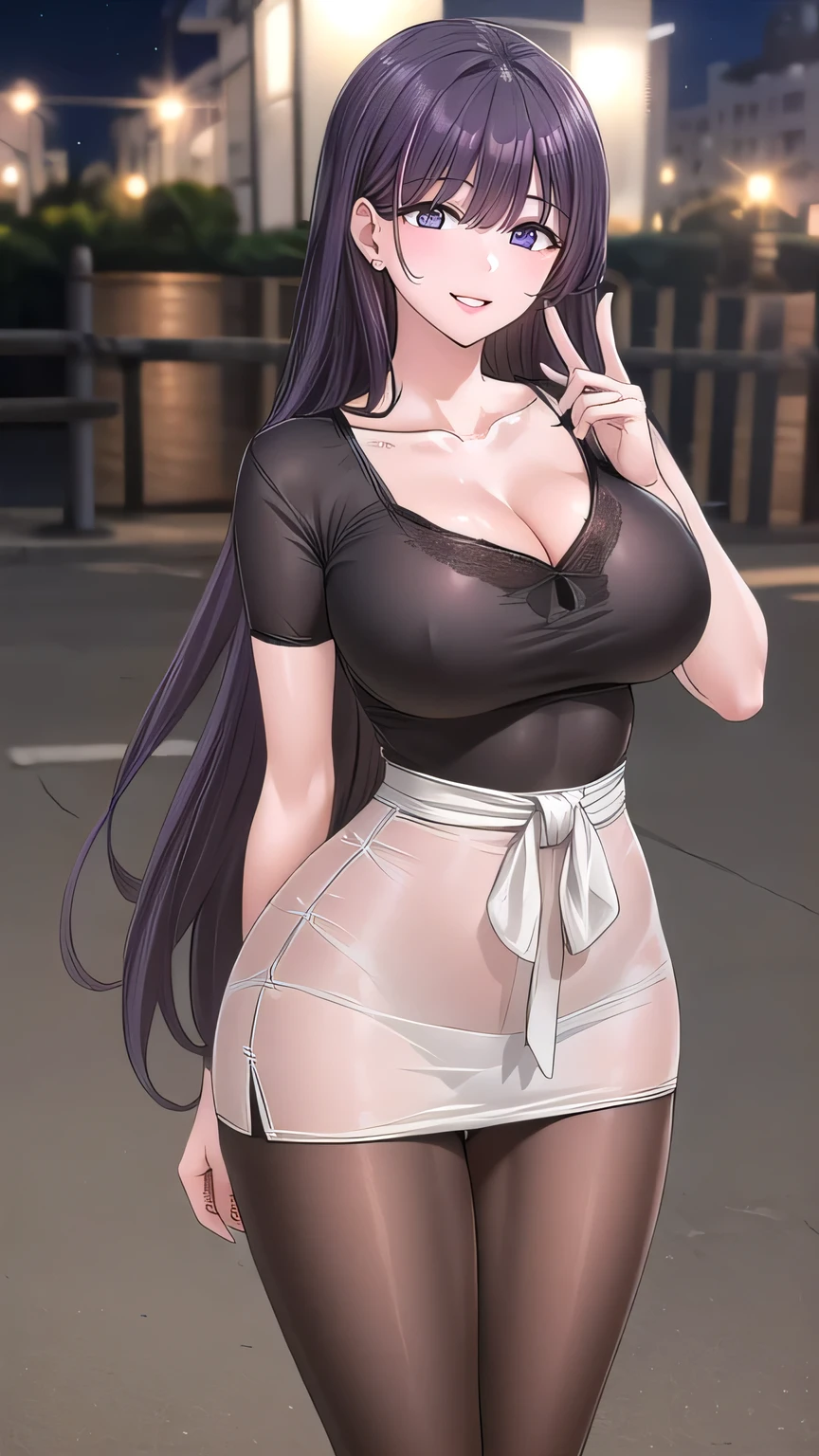 (front view detailed body, long belly , Slender body, tight body , thicc, large breast, breast, long thighs, masterpiece, long hair, very long hair, fwbak, mature female, hairclip,hair_between_eyes, very_long_hair, cowboy shot, front shot, looking at viewer, Shirt, white shirt, crop shirt, dolphin short, pantyhose, black pantyhose, standing, collarbone, city, night, outdoors, Beautiful Finger,Beautiful long legs,Beautiful body,Beautiful Nose,Beautiful character design, perfect eyes, perfect face,expressive eyes, looking at viewer,(Full_body),(Focus on her face), official art,extremely detailed CG unity 8k wallpaper, perfect lighting,Colorful, Bright_Front_face_Lighting,shiny skin, (masterpiece:1.0),(best_quality:1.0), ultra high res,4K,ultra-detailed, photography, 8K, HDR, highres, absurdres:1.2, Kodak portra 400, film grain, blurry background, bokeh:1.2, lens flare, (vibrant_color:1.2) (Beautiful,large_Breasts:1.4), (beautiful_face:1.5),(narrow_waist), facing the viewer