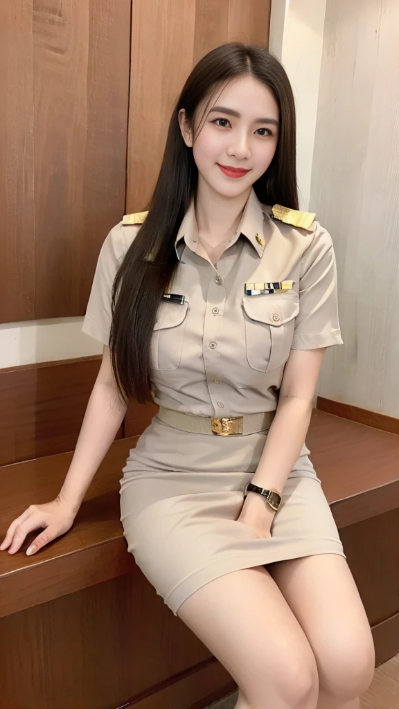 Thai Teacher, beautiful girl, Khaki suit, khaki civil servant, ชุดThai Teacher:1.3, beautiful girlผมlongเป็นพิเศษ, ผมlongสองเมตร, long hair that catches the eye, ผมlongสีดำ, ผมของเธอlongมาก., long, shiny hair, soft hair, ผมlongเป็นพิเศษ, Dynamic posts, like full body, Short sleeve shirtสีกากี, Short pencil skirtสีกากี, side cut, Decorated with military insignia.., black high heels, The sexiest, small waist, hips raised, small thighs, long legs, big breasts, big breasts:1.5, big breast, Very big breasts, eye-catching breasts, A gigantic rift, Not all coverage, big breast, big breast, 400 CC, สาวผมlongสองเมตร, Beautiful face, proportional body, Fascinating figure, red lips, Very shiny, แต่งBeautiful face, military rank insignia, Short pencil skirt, tight, Short sleeve shirt, in the background, Beautiful blur, ultra short skirt, Beautiful like an angel