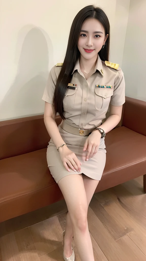 Thai Teacher, beautiful girl, Khaki suit, khaki civil servant, ชุดThai Teacher:1.3, beautiful girlผมlongเป็นพิเศษ, ผมlongสองเมตร, long hair that catches the eye, ผมlongสีดำ, ผมของเธอlongมาก., long, shiny hair, soft hair, ผมlongเป็นพิเศษ, Dynamic posts, like full body, Short sleeve shirtสีกากี, Short pencil skirtสีกากี, side cut, Decorated with military insignia.., black high heels, The sexiest, small waist, hips raised, small thighs, long legs, big breasts, big breasts:1.5, big breast, Very big breasts, eye-catching breasts, A gigantic rift, Not all coverage, big breast, big breast, 400 CC, สาวผมlongสองเมตร, Beautiful face, proportional body, Fascinating figure, red lips, Very shiny, แต่งBeautiful face, military rank insignia, Short pencil skirt, tight, Short sleeve shirt, in the background, Beautiful blur, ultra short skirt, Beautiful like an angel
