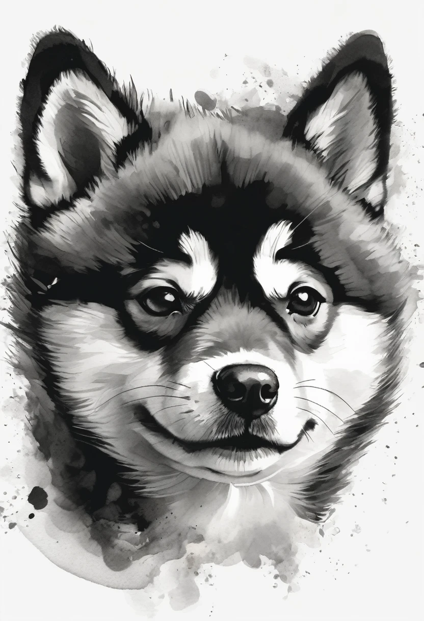 You are a professional illustrator.
Create a cute puppy icon in advanced 3D.
Draw in a monochrome black and white style using only thick brush strokes of sumi ink.
Use a watercolor painting technique with a calligraphic brush, rich in black.
The design should be Japanese-style.
Illustration: A cute Shiba Inu puppy with distinctive whiskers on its cheeks.
Action shot of a Shiba Inu with high detail on a white background, monochrome.
Sharp focus, full body, masterpiece, highly detailed, high quality.
Artistic sumi ink drawing in Japanese style, icon of one puppy without a background.
Material for an icon within a circle, drawn by a master using only a brush.
Indian/China ink, puppy, thick brush strokes.
Anime-style, logo, thick line illustration, anime, fluffy, chubby.
Ink wash painting of a Shiba Inu, brush strokes, black and white, circular icon.