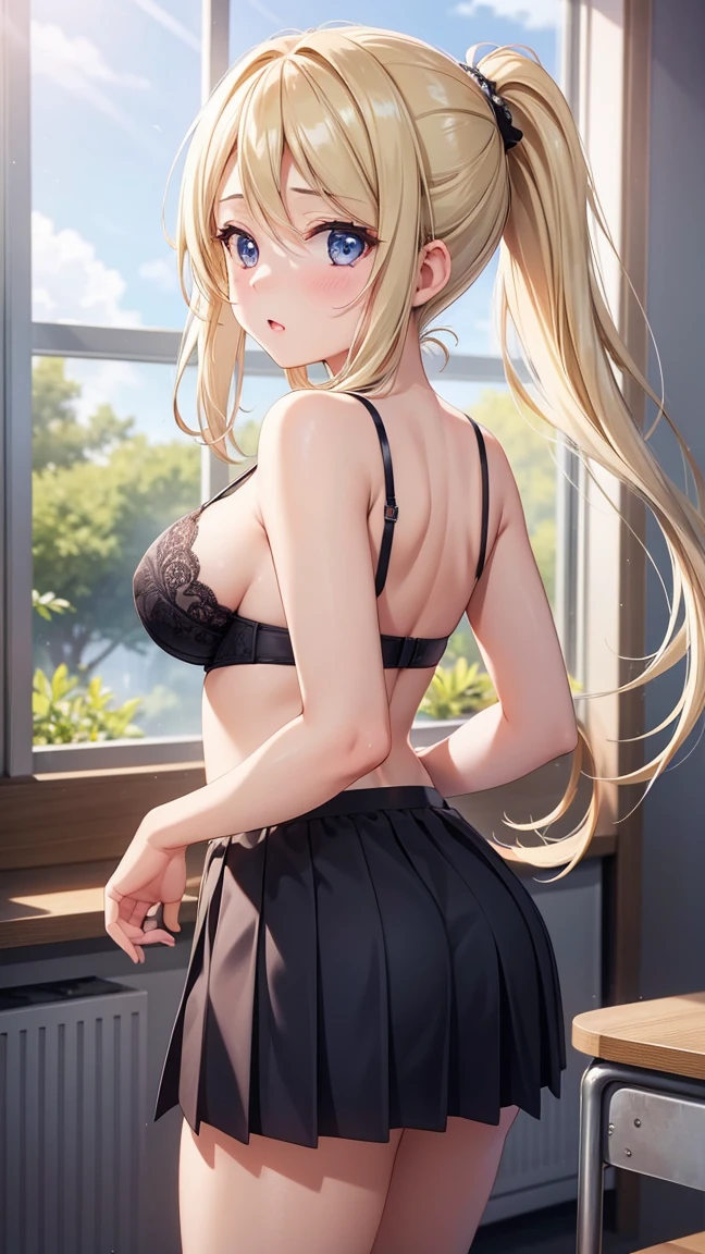 1girl, natural lighting, masterpiece, highly detailed, illustration, game CG, absurdres, high quality, beautiful detailed eyes, glossy lips, natural lighting, medium breasts, blonde hair, ponytail, long bangs, hair between eyes, arisa ayase, aahiyori, from behind, looking back at viewer, blush, surprised, shocked, lace bra, pleated miniskirt, classroom