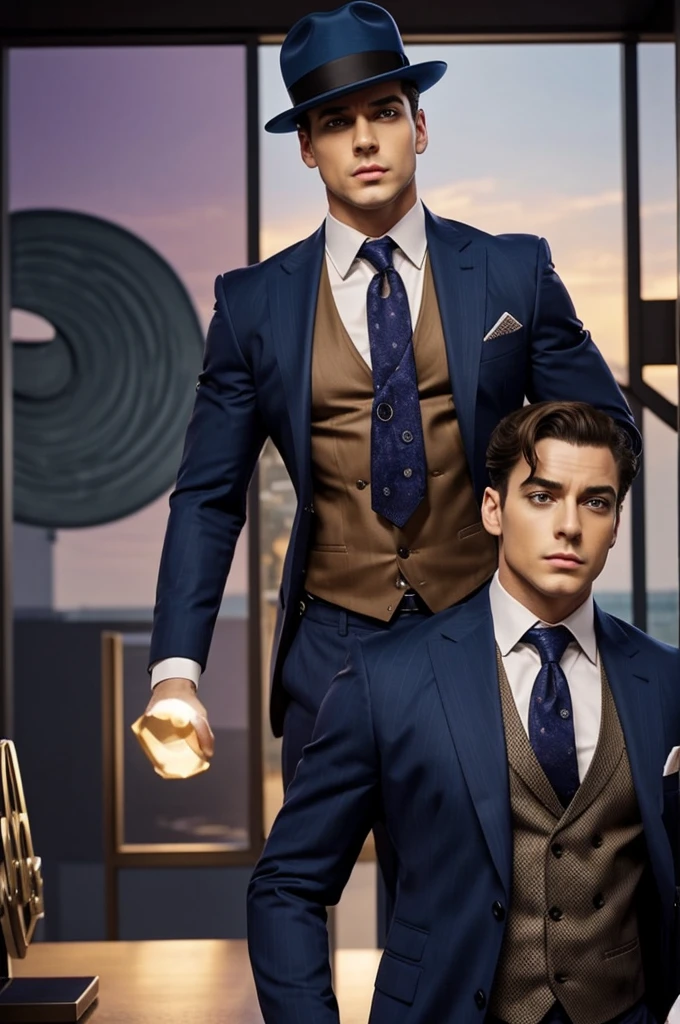 Create a jojos stand. Its aesthetic would be based on the appearance of a man in a suit and a tie., besides having a fedora hat. At the height of the torso and stomach is its most characteristic design., what would it be like to a pattern of circles and waves