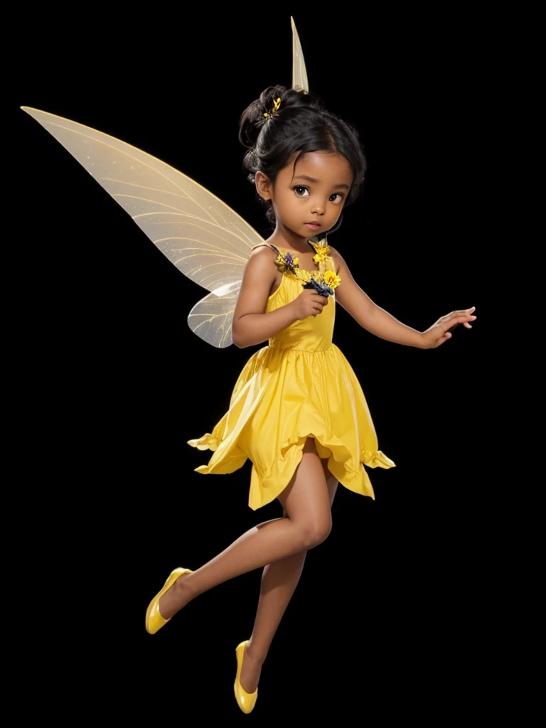 A beautiful dark-skinned fairy, with yellow flower dress, with yellow wings, tied black hair