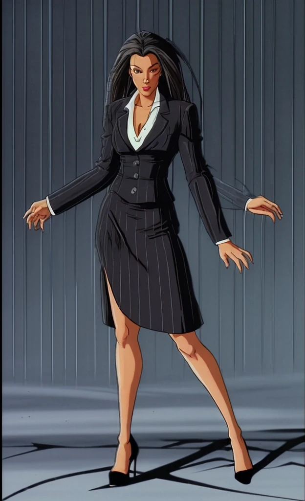90s anime grown tall skinny black skinned female business woman in a grey pinstripe skirt suit wearing grey heels with cornrow hair full body
Pinstripe blaze and pinstripe skirt