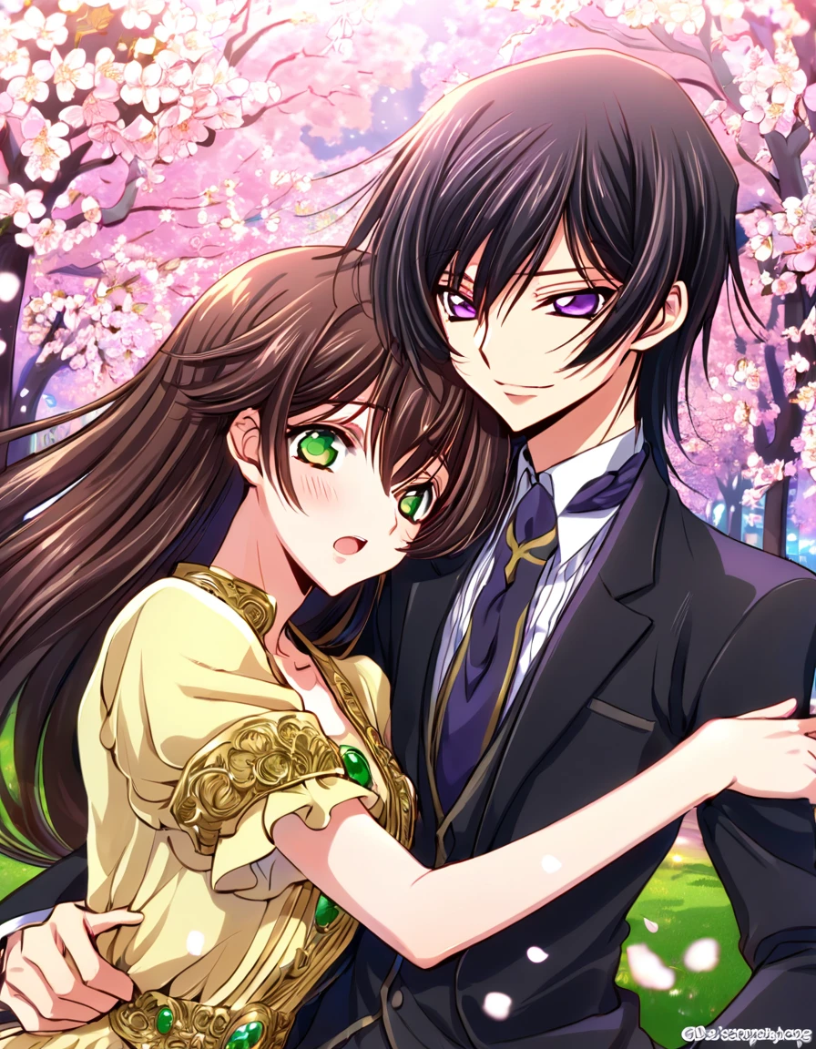 absurdres, highres, ultra detailed, HDR, master piece, best quality, Lelouch Lamperouge male, black hair, expressive purple eyes, Code Geass, Anastasia lamperouge female, brown hair, expressive green eyes, smile, cute, hugs, two couple, Anastasia yellow dress, Anastasia long hair, lelouch black suit, park, cherry blossom shining, night