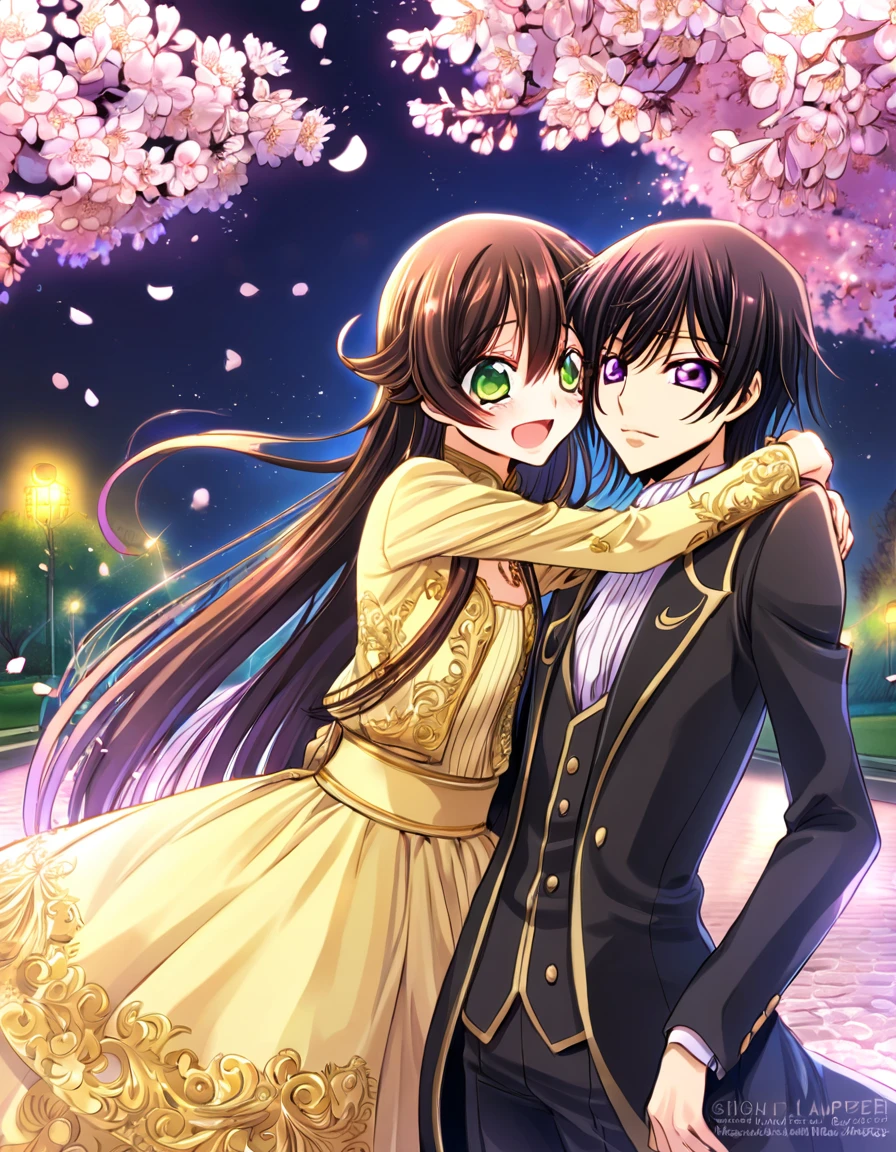 absurdres, highres, ultra detailed, HDR, master piece, best quality, Lelouch Lamperouge male, black hair, expressive purple eyes, Code Geass, Anastasia lamperouge female, brown hair, expressive green eyes, smile, cute, hugs, two couple, Anastasia yellow dress, Anastasia long hair, lelouch black suit, park, cherry blossom shining, night