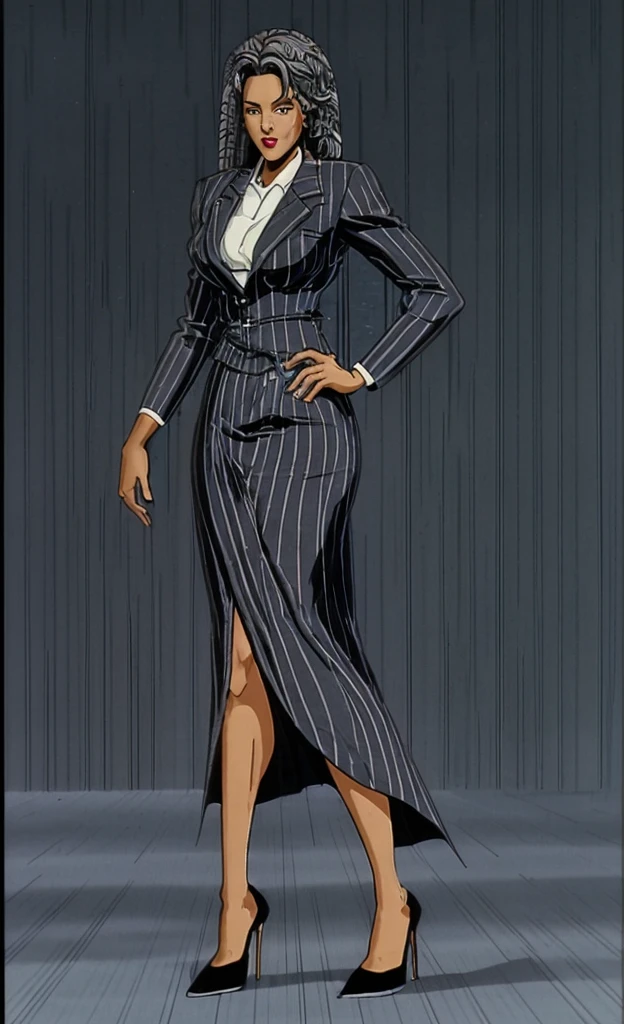 90s anime grown tall skinny black skinned female business woman in a grey pinstripe skirt suit wearing grey heels with cornrow hair full body
Pinstripe blaze and pinstripe skirt 