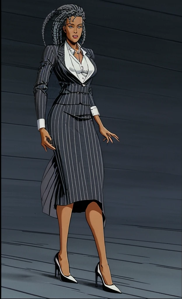 90s anime grown tall skinny black skinned female business woman in a grey pinstripe skirt suit wearing grey heels with cornrow hair full body
Pinstripe blaze and pinstripe skirt