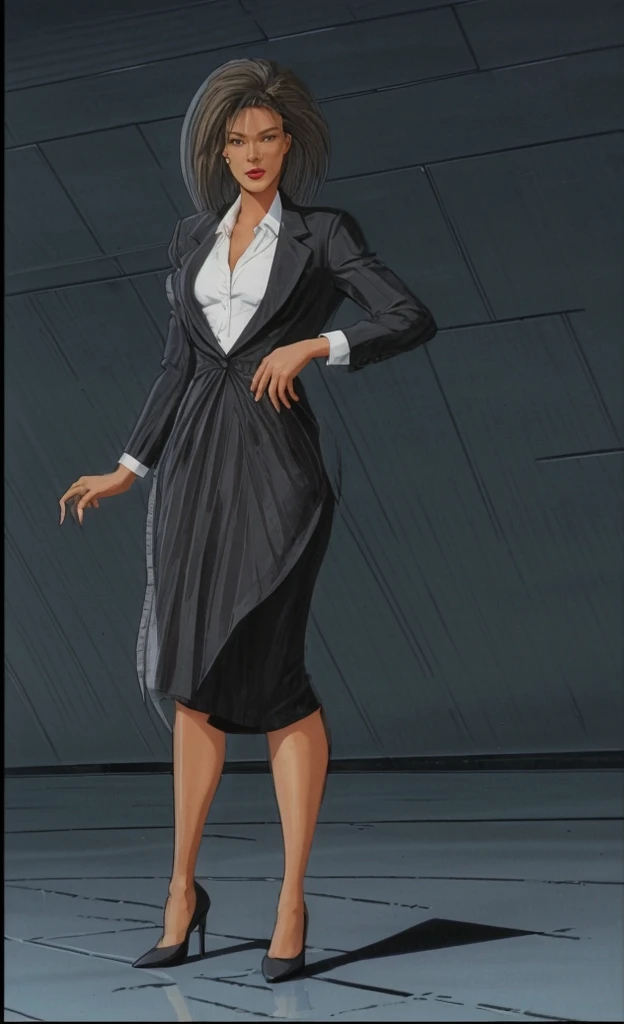 90s anime grown tall skinny black skinned female business woman in a grey pinstripe skirt suit wearing grey heels with cornrow hair full body
Pinstripe blaze and pinstripe skirt 