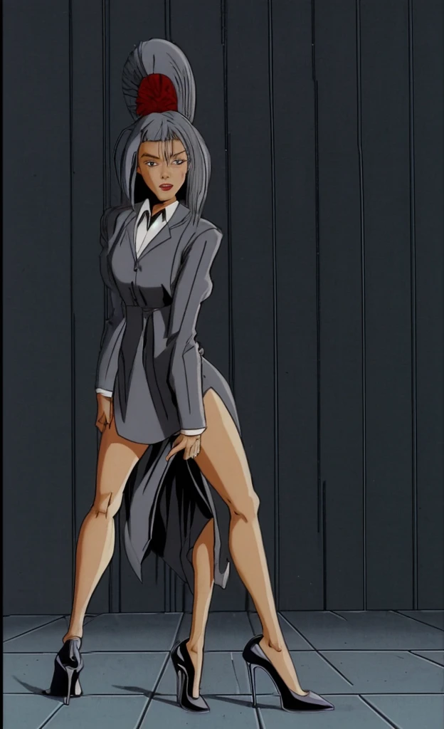 90s anime grown tall skinny black skinned female business woman in a grey pinstripe skirt suit wearing grey heels with cornrow hair full body
Pinstripe blaze and pinstripe skirt