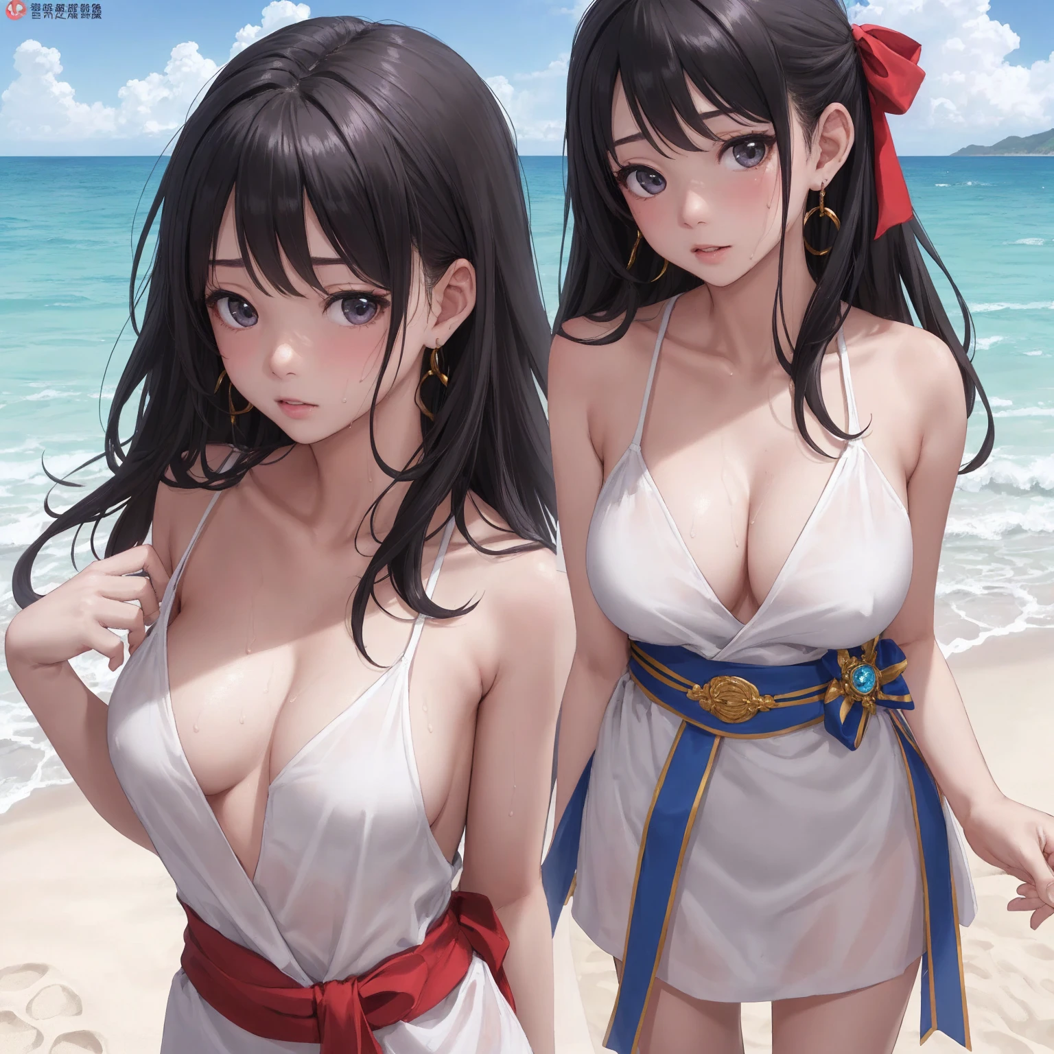 black, Hair Ribbon,Earrings,chest,sash,black髪
(Highest quality, masterpiece, RAW Photos,Very detailed:1.2), One girl,alone,View your viewers,小さなchest, Alone, Upper Body, hot, Sweating a lot, Ocean, beach