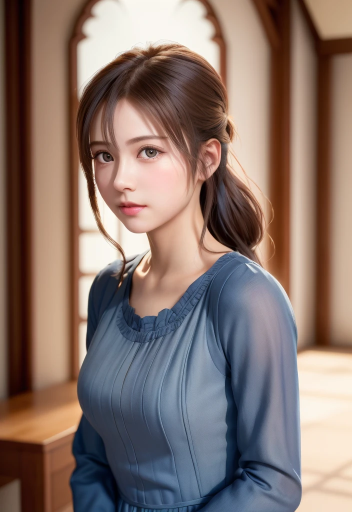 8K, of the highest quality, masutepiece:1.2), (Realistic, Photorealsitic:1.37), of the highest quality, masutepiece, Beautiful young woman, Pensive expression,、A charming、and an inviting look, Cute Maid Clothes, Hair tied back, Cinematic background, Light skin tone