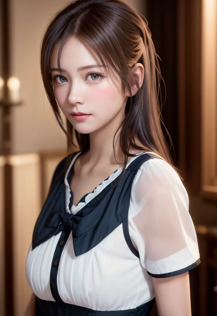 8K, of the highest quality, masutepiece:1.2), (Realistic, Photorealsitic:1.37), of the highest quality, masutepiece, Beautiful young woman, Pensive expression,、A charming、and an inviting look, Cute Maid Clothes, Hair tied back, Cinematic background, Light skin tone