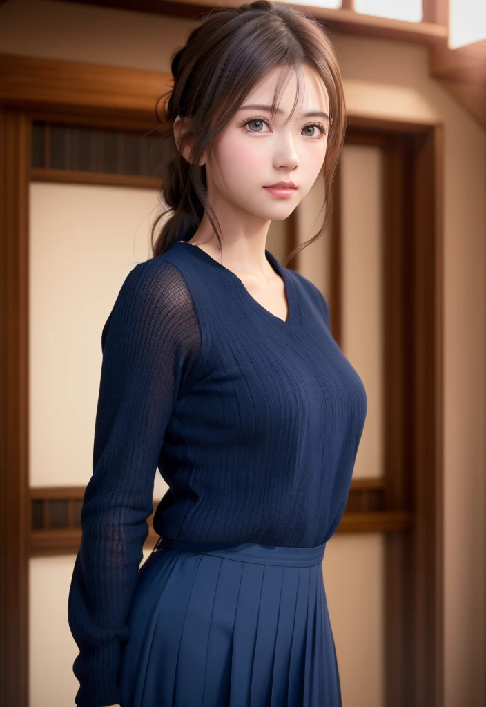 8K, of the highest quality, masutepiece:1.2), (Realistic, Photorealsitic:1.37), of the highest quality, masutepiece, Beautiful young woman, Pensive expression,、A charming、and an inviting look, Cute Maid Clothes, Hair tied back, Cinematic background, Light skin tone