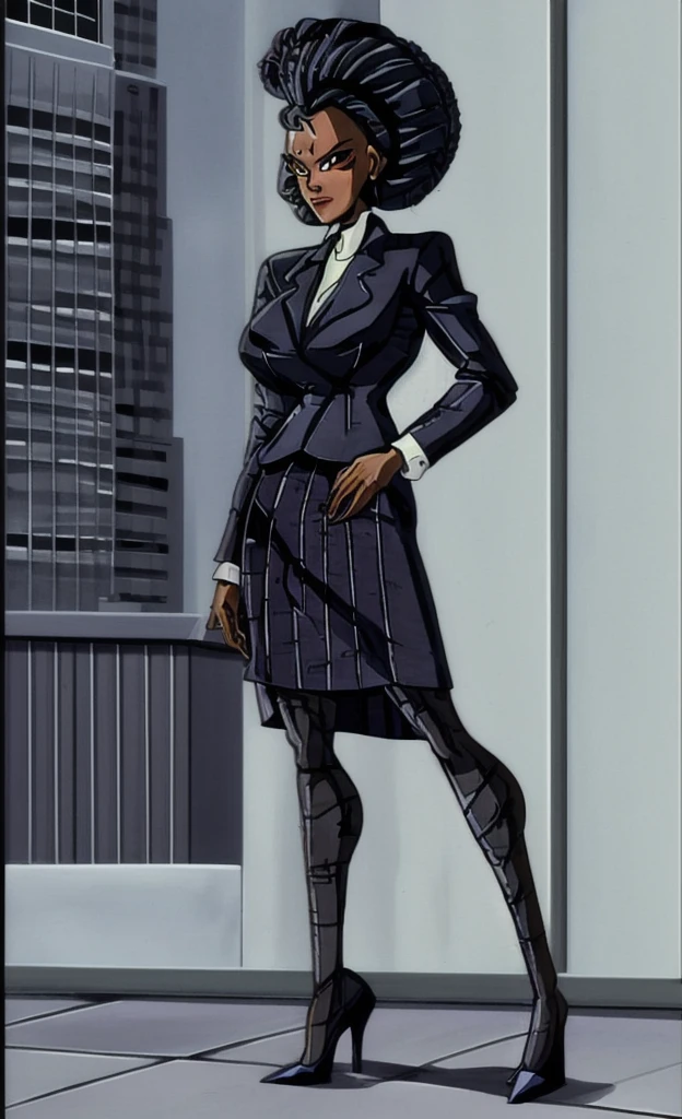 90s anime grown tall skinny black skinned female business woman in a grey pinstripe skirt suit wearing grey heels with cornrow hair full body
Pinstripe blaze and pinstripe skirt 