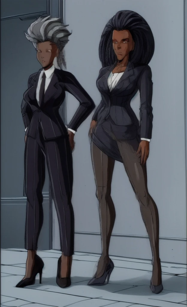90s anime grown tall skinny black skinned female business woman in a grey pinstripe skirt suit wearing grey heels with cornrow hair full body
Pinstripe blaze and pinstripe skirt