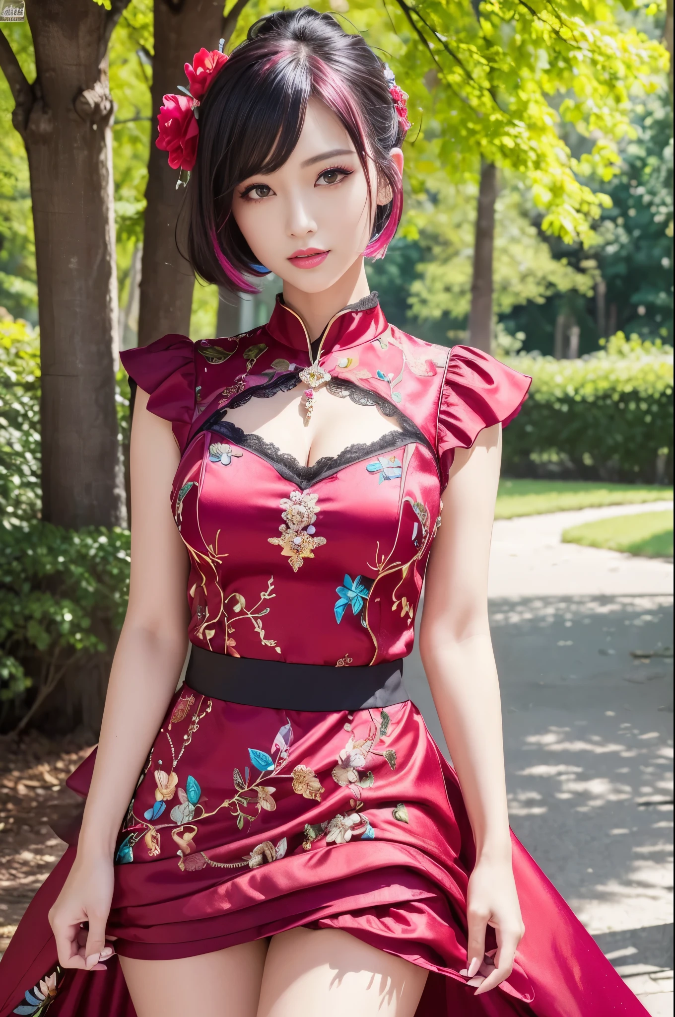 (masterpiece:1.4), (best quality:1.4), ultra high res, ultra high resolution, ((detailed facial features)), HDR, (realistic, photorealistic, photo-realistic:1.37), full body Esbian, sexy Vietnamese model, (-anime), vivid colors, ((vivid colors multicolor (red, fuchsia) very short hair)), (happy smile), lip-gloss, long lashes, ultra detailed metallic makeup, defined eyebrows, wearing large sparkling colorful jewelery, wearing a red silk Paradise Kiss cosplay dress with black floral embroidery, ((vivid colors outfit)), vivid colors, look at the camera, cinematic light, large park background with trees, sweet and sexy pose