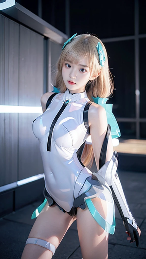 best quality, 1080P, Masterpiece, Whole body photo, Ultra high resolution, photorealistic photo, ultra realism, Realistic skin texture, Light blonde hair, Extreme skin detail, dslr, Detailed eyes, Facing the camera, Very beautiful face, Firm facial structure, Pale skin, Realistic skin texture, Extreme skin detail, oc render reflection textures, Realistic light and shadow, One picture, alone, The body is slender and balanced.., Age 20, Height 170, no underwear, Flat stomach, (White shiny leather bodysuit), full body view, Whole body photo, sexy pose, A girl with the body of a mechanical robot., Transparent futuristic white glass mech armor suit, The mechanical cervix is attached to the neck., Woman with perfect mechanical arms and legs,