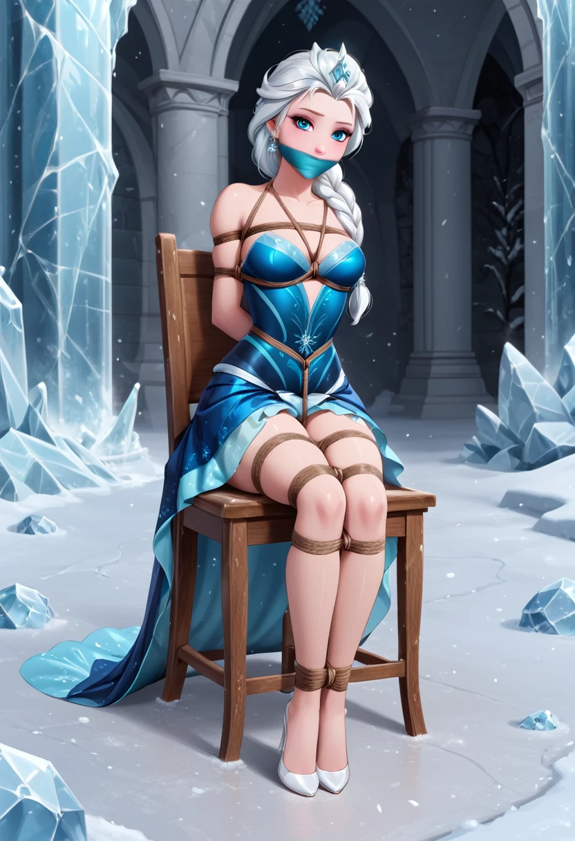 ((Full body photo, standing, on the floor)) Create a visually captivating photorealistic image of a model stylized like Elsa from Disney's "Frozen." The model has a (pale) e that . Her hair, styled into a braided hairstyle with neon highlights woven throughout, features a breathtaking combination of (icy blue) and (icy silver). She wears a charming blue dress, made of luminous silk fabric that shines with every movement. The skirt of the dress is transparent and fits well on the legs. She sits on a throne of stone and ice, tied up, inside a palace made of stone and ice. (Tied with jute rope:2), (tied with lots of rope, ankles tied, legs tied, breasts tied, crotch rope:1,5). Otm gag. The dress features a fitted bodice adorned with snowflake appliqués, creating a mesmerizing icy effect. The flowing skirt, made of layered icy tulle, billows like an icy breeze. Completing her look are neon-accented gloves that glow with an icy glow. Against a dark icy rocky castle backdrop, Elsa's neon ensemble illuminates the scene, capturing her majestic presence and the magical allure of her icy powers. With your camera, a high-resolution mirrorless camera combined with a prime lens, you will capture the model's enchanting beauty and the electrifying energy of her icy costume.