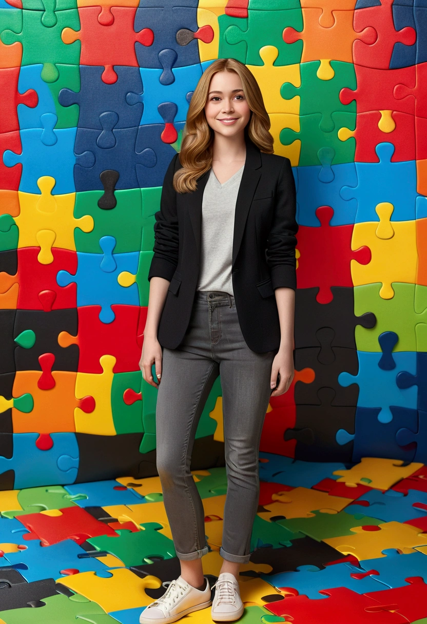 Pixar style 3D poster. light-skinned, happy woman, very straight dark blonde HAIR, light brown eyes, black blazer, black jeans, gray shirt, white sneakers, notebook in hand, BACKGROUND WITH RED, blue, green and yellow PUZZLES.
