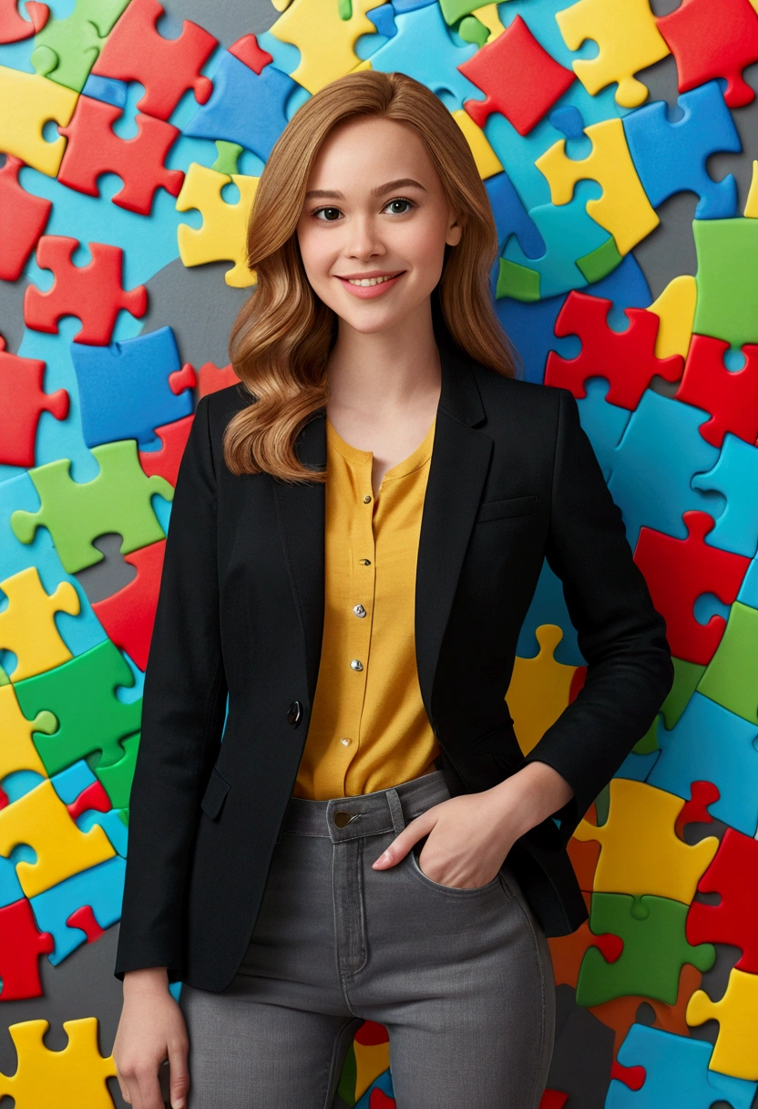 Pixar style 3D poster. light-skinned, happy woman, very straight dark blonde HAIR, light brown eyes, black blazer, black jeans, gray shirt, white sneakers, notebook in hand, BACKGROUND WITH RED, blue, green and yellow PUZZLES.