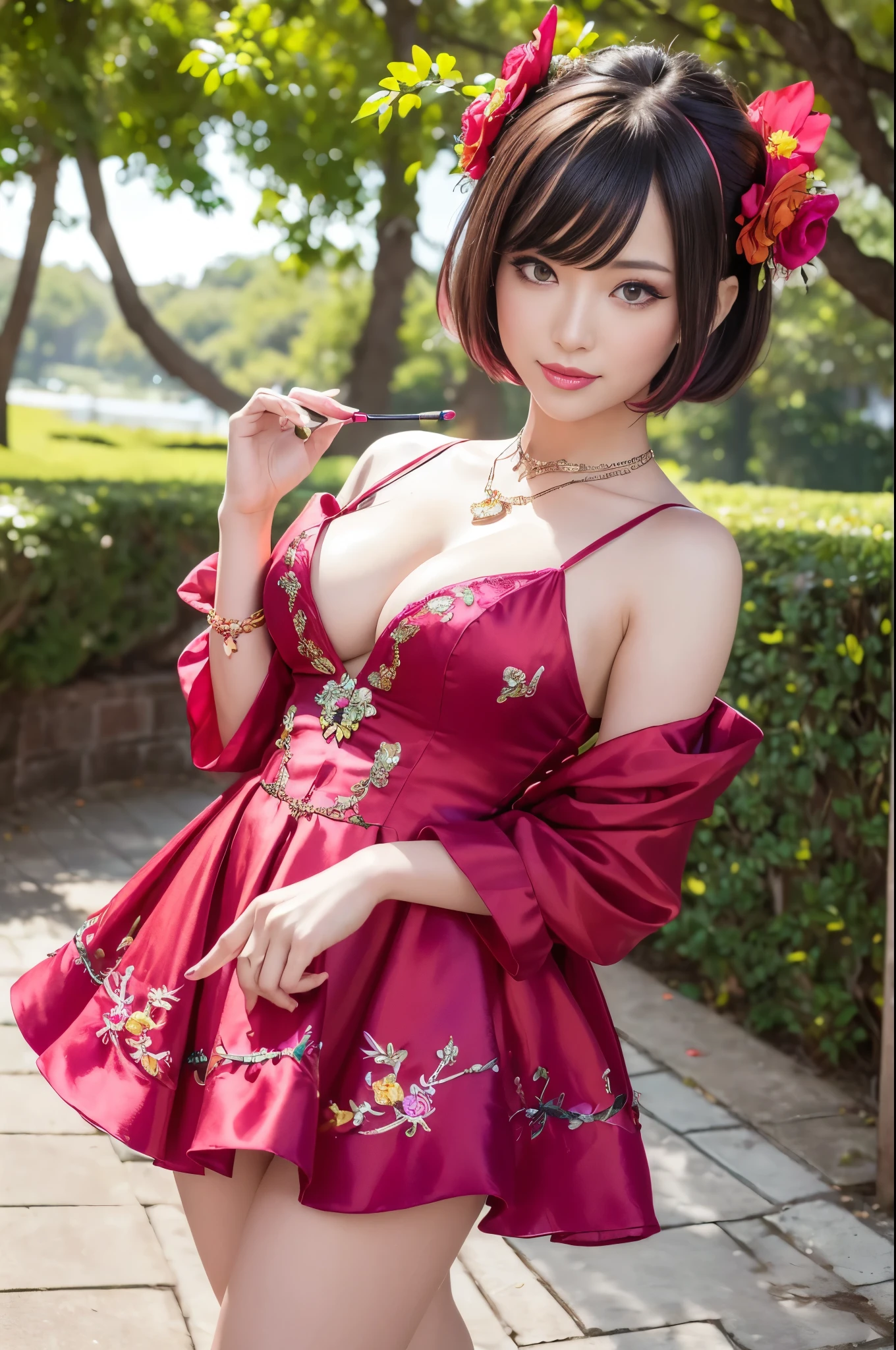 (masterpiece:1.4), (best quality:1.4), ultra high res, ultra high resolution, ((detailed facial features)), HDR, (realistic, photorealistic, photo-realistic:1.37), full body Esbian, y Vietnamese model, (-anime), vivid colors, ((vivid colors multicolor (red, fuchsia) very short hair)), (happy smile), lip-gloss, long lashes, ultra detailed metallic makeup, defined eyebrows, wearing large sparkling colorful jewelery, wearing a red silk Paradise Kiss cosplay dress with black floral embroidery, ((vivid colors outfit)), vivid colors, look at the camera, cinematic light, large park background with trees, sweet and sexose