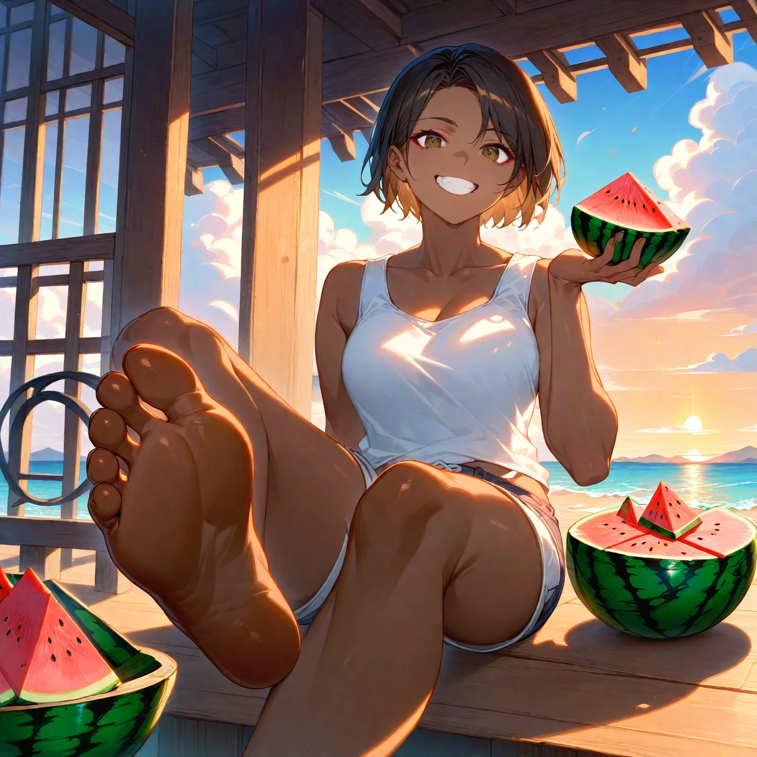 score_9, score_8_up, score_7_up, source_アニメ, high res image, masterpiece, best quality, 1 girl, Brown skin, shiny hair, ultra detailed eyes, eye highlights, short hair, black hair, brown eyes, white tank top, short shorts, smile,foot focus、 (eating watermelon:1.1), holding watermelon with both hands, verandah, japanese home, sitting, CETUS,ocean in the distance、evening