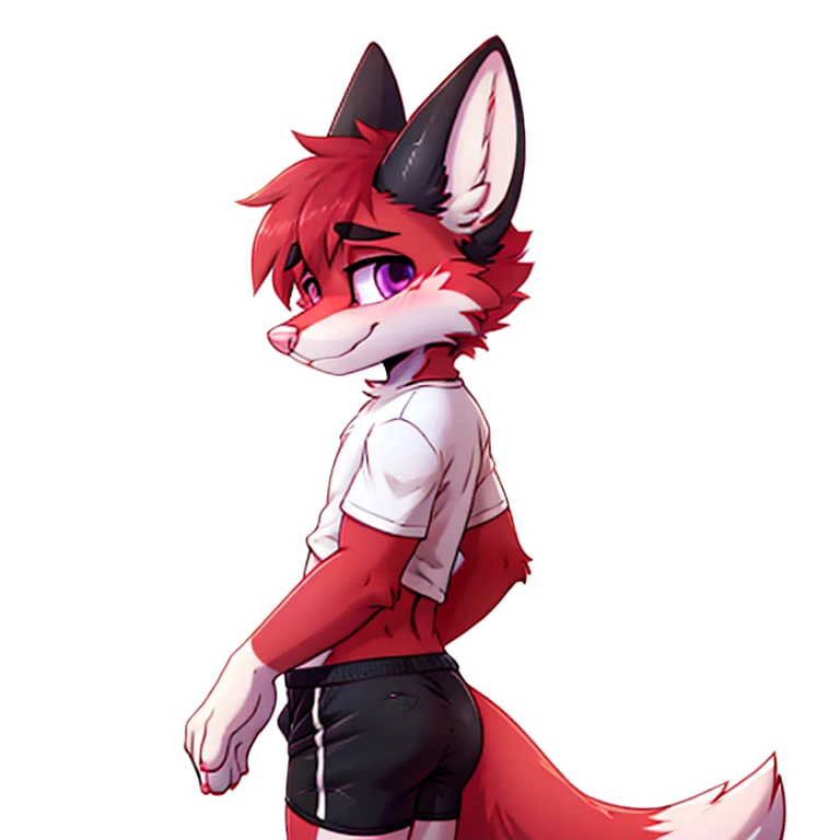 Anthropomorphic male crimson fox, with purple eyes, pink nose, horns, black hears, wearing black deportive shorts, cropped black shirt, white hight tights socks, solo, blushed, face looking away, side view, shy face, full body view, white background, one hand on his back, very shy pose,