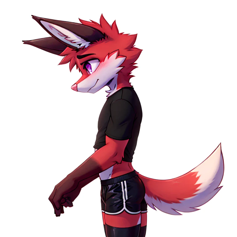 Anthropomorphic male crimson fox, with purple eyes, pink nose, horns, black hears, wearing black deportive shorts, cropped black shirt, white hight tights socks, solo, blushed, face looking away, side view, shy face, full body view, white background, one hand on his back, very shy pose,