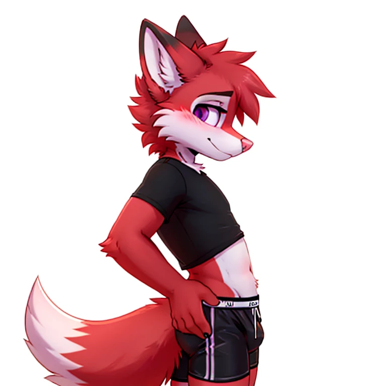 Anthropomorphic male crimson fox, with purple eyes, pink nose, horns, black hears, wearing black deportive shorts, cropped black shirt, white hight tights socks, solo, blushed, face looking away, side view, shy face, full body view, white background, one hand on his back, very shy pose,