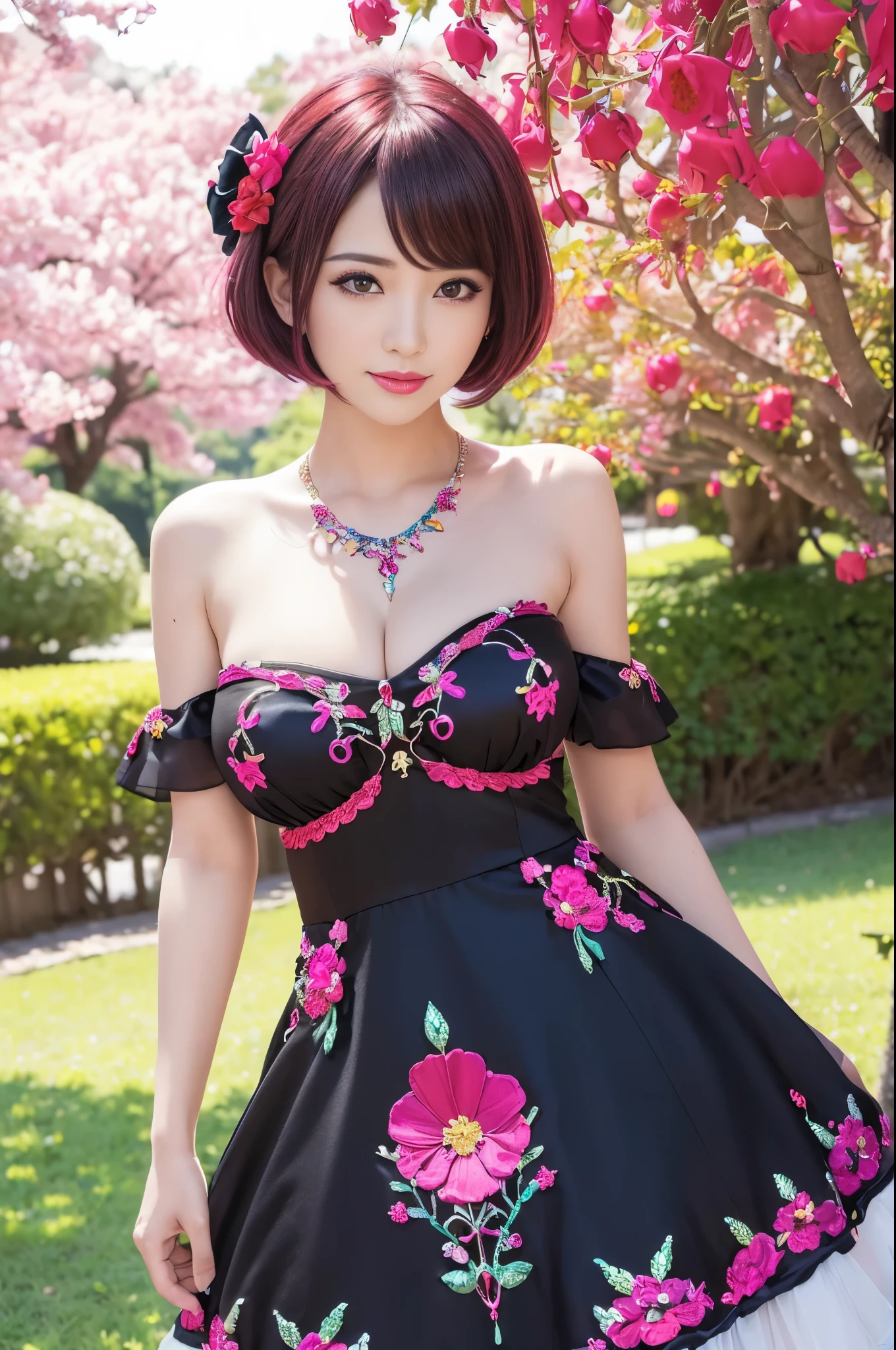 (masterpiece:1.4), (best quality:1.4), ultra high res, ultra high resolution, ((detailed facial features)), HDR, (realistic, photorealistic, photo-realistic:1.37), full body Esbian, ???? Vietnamese model, (-anime), vivid colors, ((vivid colors multicolor (red, fuchsia) very short hair)), (happy smile), lip-gloss, long lashes, ultra detailed metallic makeup, defined eyebrows, wearing large sparkling colorful jewelery, wearing a red silk Paradise Kiss cosplay dress with black floral embroidery, ((vivid colors outfit)), vivid colors, look at the camera, cinematic light, large park background with trees, sweet and ???? pose