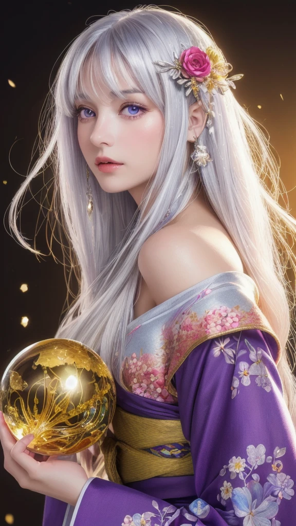 (masterpiece:1.3), (8k, photorealistic, raw photo, highest quality:1.4), (one girl), beautiful face, (realistic face), (long hair), (silver hair, near white hair, shiny hair, beautiful straight hair), (even bangs), (sharp bangs), straight hairstyle, realistic eyes, beautiful detailed eyes (purple eyes), (sharp eyes), (realistic skin), beautiful skin, (kimono), (magician's kimono), (flower hair ornament), attractive, ultra high resolution, ultra realistic, highly detailed, golden ratio, colorful background, (flowers blooming), (energy dancing background), magician, facing forward, facing from shoulders, looking straight ahead, both shoulders facing towards you, holding crystal ball, (heart crystal ball, love crystal ball).