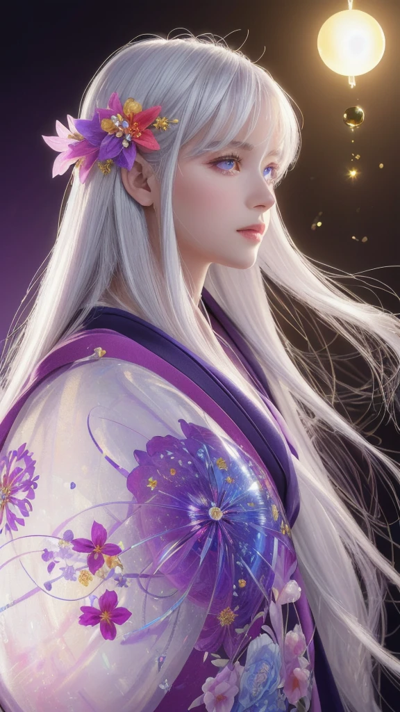 (masterpiece:1.3), (8k, photorealistic, raw photo, highest quality:1.4), (one girl), beautiful face, (realistic face), (long hair), (silver hair, near white hair, shiny hair, beautiful straight hair), (even bangs), (sharp bangs), straight hairstyle, realistic eyes, beautiful detailed eyes (purple eyes), (sharp eyes), (realistic skin), beautiful skin, (kimono), (magician's kimono), (flower hair ornament), attractive, ultra high resolution, ultra realistic, highly detailed, golden ratio, colorful background, (flowers blooming), (energy dancing background), magician, facing forward, facing from shoulders, looking straight ahead, both shoulders facing towards you, holding crystal ball, (heart crystal ball, love crystal ball).