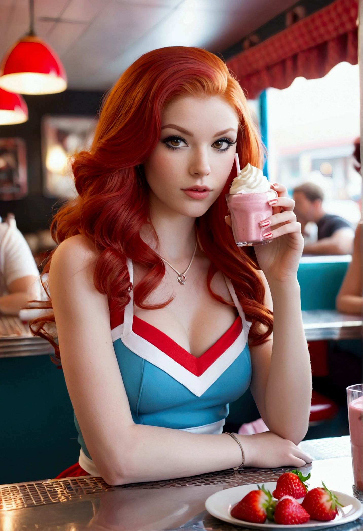 ultra realistic, photography, long red hair, girl, 24 years old, hourglass figure, perfect body, small breasts, Flirty look, extremely detailed artgerm, in the style artgerm, facing the camera, lens 35 mm, blur background, in a 60s diner, sitting at a table, strawberry milkshake, piece of pie, cheerleader outfit
