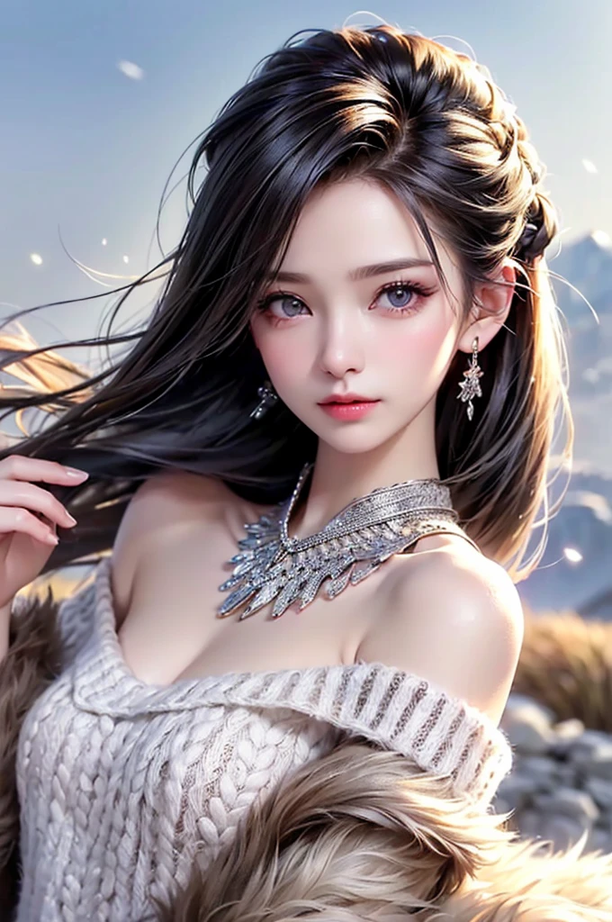 (Upper body portrait:1.5)((masterpiece:1.5、8k、Portraiture、フォトリアリスティックでVery detailedなCG、Very detailed、Particle Effects、Dynamic Effects、Written boundary depth、Cinematic Light、Lens flare、Ray Tracing、Tabletop、Realistic:1.4、Ultra-high resolution:1.2、Realistic、Realistic))((alone、Off-the-shoulder sweater,Sleeveless,Over an off-the-shoulder knit sweater、A woman wearing a black fur-trimmed leather coat:1.4、Elegant woman posing:、Detailed face、bright表情、young, bright, Whiter skin、Small breasts:1.4、Best Looks、Ultimate beauty、Shiny silver hair with highlights、Bright and shiny hair,、Modern Hairstyles、Hair dancing in the wind))(morning、The setting is a snowy hill overlooking the ruins.)Accentuate your cleavage