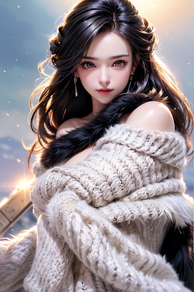 (Upper body portrait:1.5)((masterpiece:1.5、8k、Portraiture、フォトリアリスティックでVery detailedなCG、Very detailed、Particle Effects、Dynamic Effects、Written boundary depth、Cinematic Light、Lens flare、Ray Tracing、Tabletop、Realistic:1.4、Ultra-high resolution:1.2、Realistic、Realistic))((alone、Off-the-shoulder sweater,Sleeveless,Over an off-the-shoulder knit sweater、A woman wearing a black fur-trimmed leather coat:1.4、Elegant woman posing:、Detailed face、bright表情、young, bright, Whiter skin、Small breasts:1.4、Best Looks、Ultimate beauty、Shiny silver hair with highlights、Bright and shiny hair,、Modern Hairstyles、Hair dancing in the wind))(morning、The setting is a snowy hill overlooking the ruins.)Accentuate your cleavage