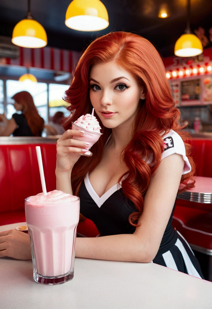 ultra realistic, photography, long red hair, girl, 24 years old, hourglass figure, perfect body, small breasts, Flirty look, extremely detailed artgerm, in the style artgerm, facing the camera, lens 35 mm, blur background, in a 60s diner, sitting at a table, strawberry milkshake, cheerleader outfit