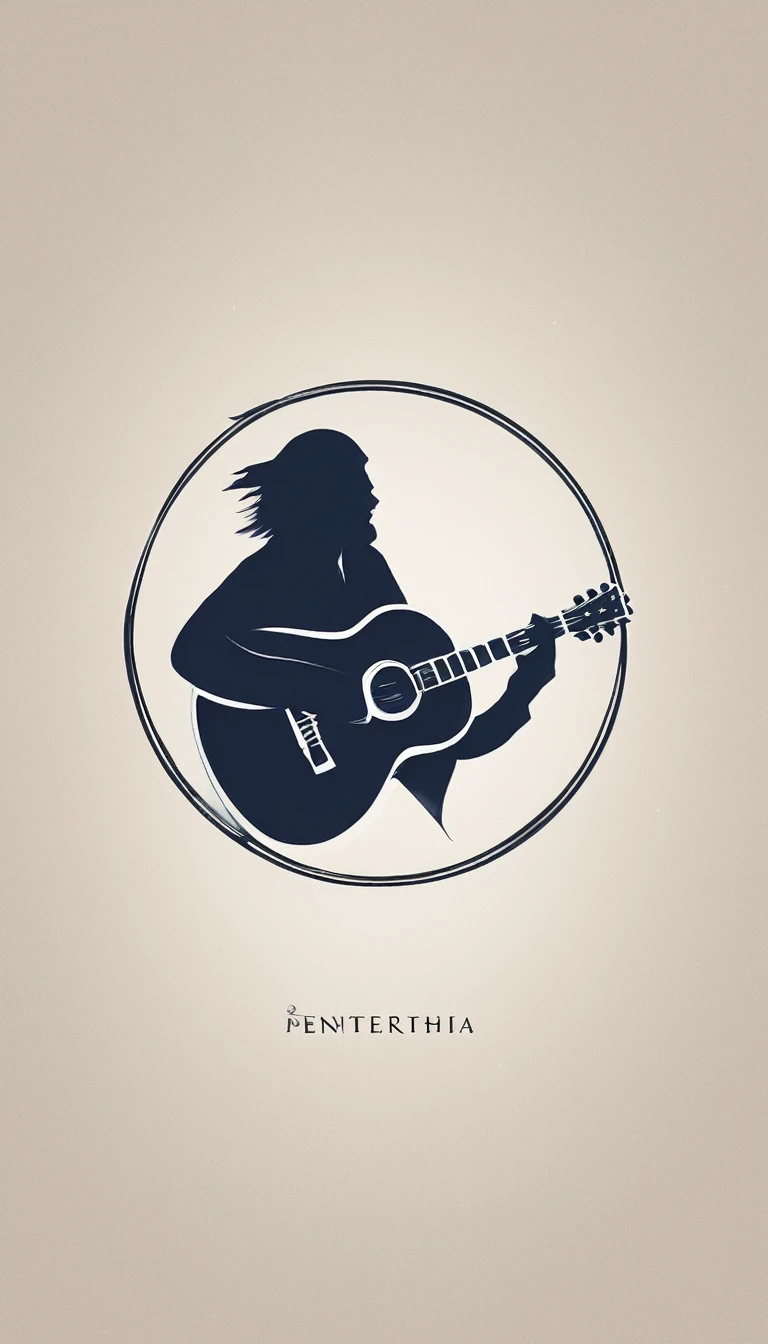 A minimal, modern, simple, cinematic logo design for the storyteller brand “Penamemoria". Create a modern, minimalistic, high-quality, logo of a feather-boy playing acoustic guitar. Make the logo fantastic, unique, modern, simple, minimalistic, dreamy, memorable, nosthalgic, storyteller.
