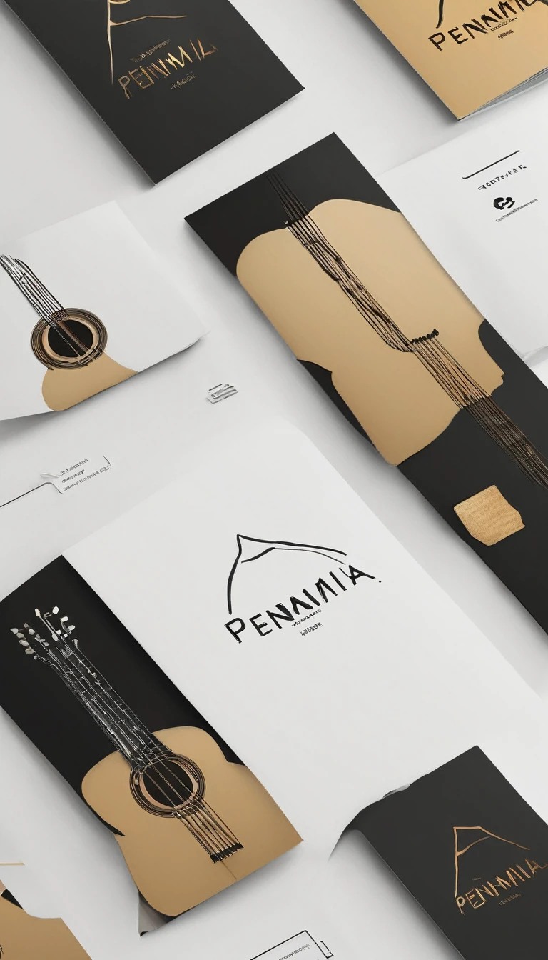 A minimal, modern, simple, cinematic logo design for the storyteller brand “Penamemoria". Create a modern, minimalistic, high-quality, logo of a feather-boy playing acoustic guitar. Make the logo fantastic, unique, modern, simple, minimalistic, dreamy, memorable, nosthalgic, storyteller.