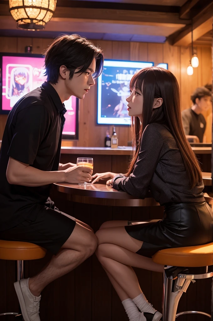 a man and a woman talking in an anime style bar